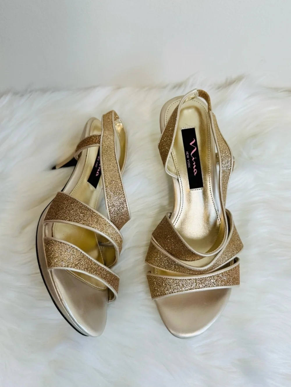 Nina Baby Glitter Open Toe Strappy Slingback Heels in Gold Size 6.5
